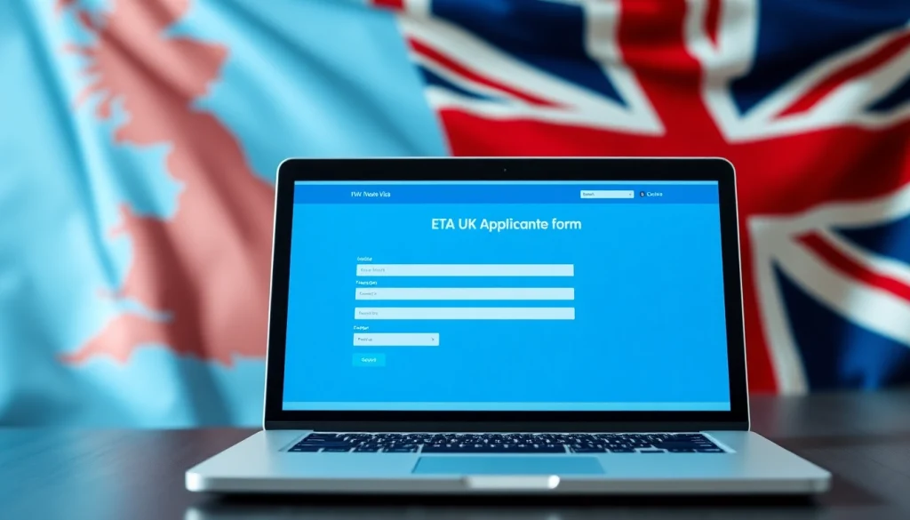Complete the eta uk application form online with an illustrated laptop display showcasing biometric features.