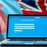Complete the eta uk application form online with an illustrated laptop display showcasing biometric features.