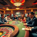 Exciting gambling action at TG88 casino with players at poker tables and a spinning roulette wheel.