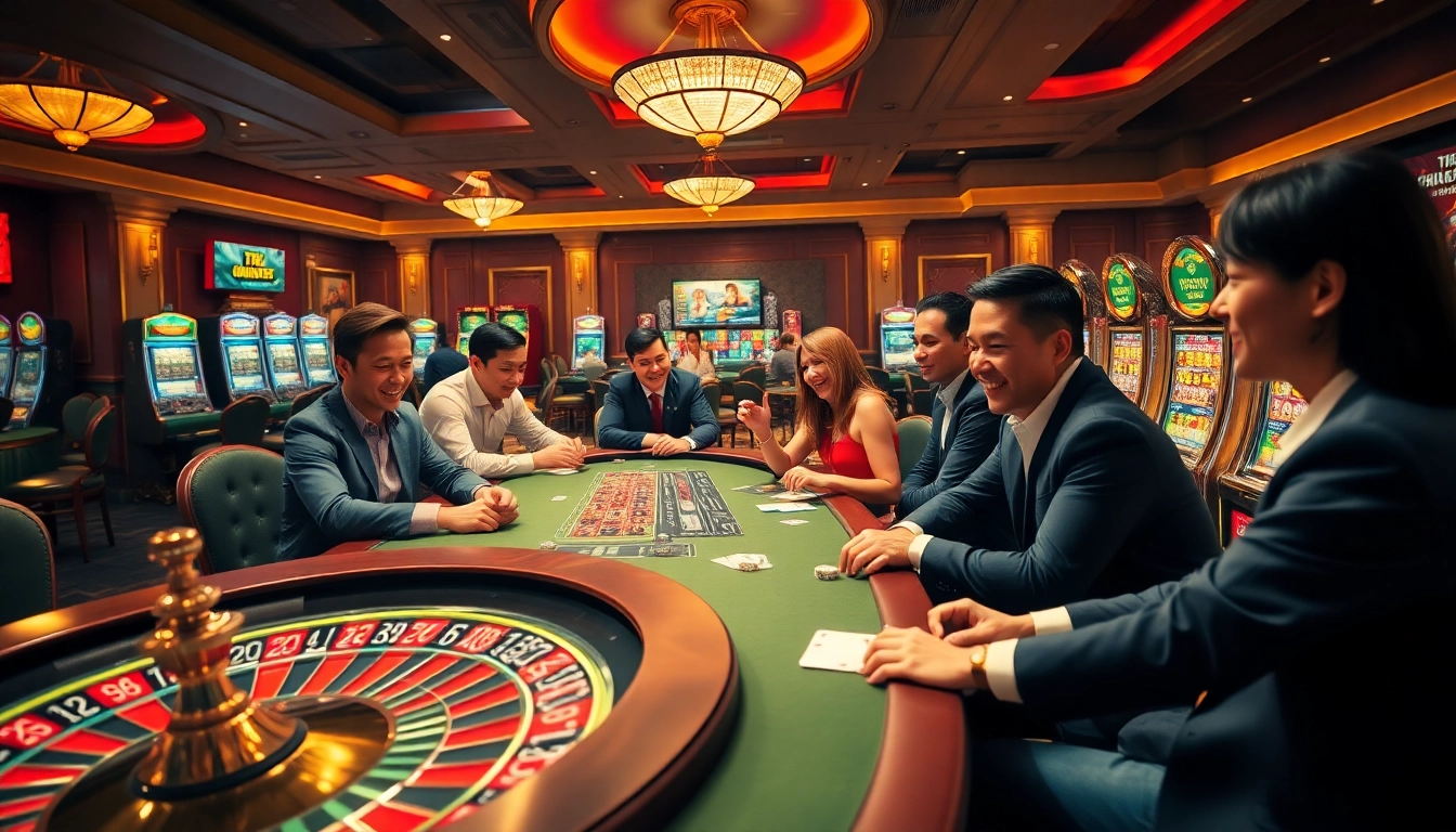 Exciting gambling action at TG88 casino with players at poker tables and a spinning roulette wheel.