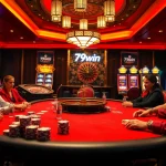 Experience the thrill of poker at 79win with luxurious tables and vibrant casino lights.
