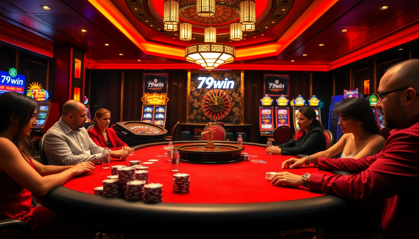 Experience the thrill of poker at 79win with luxurious tables and vibrant casino lights.