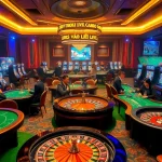 Engage with Vào Lưới TV at a luxurious casino scene filled with poker tables and vibrant slot machines.