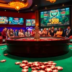 Engaged players enjoying an RR88 game at a luxurious casino table with colorful chips and cards.