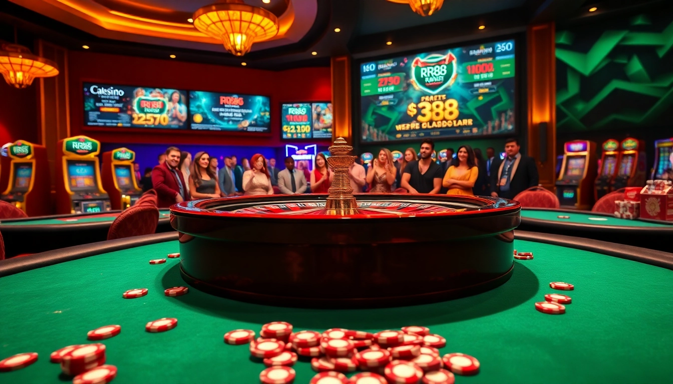 Engaged players enjoying an RR88 game at a luxurious casino table with colorful chips and cards.