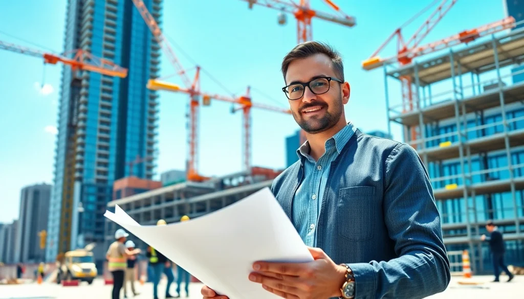 New York Construction Manager overseeing a construction site with teamwork and blueprints.