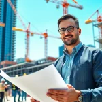 New York Construction Manager overseeing a construction site with teamwork and blueprints.