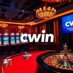 Cwin gambling table featuring poker chips and slot machines in a luxurious casino setting.