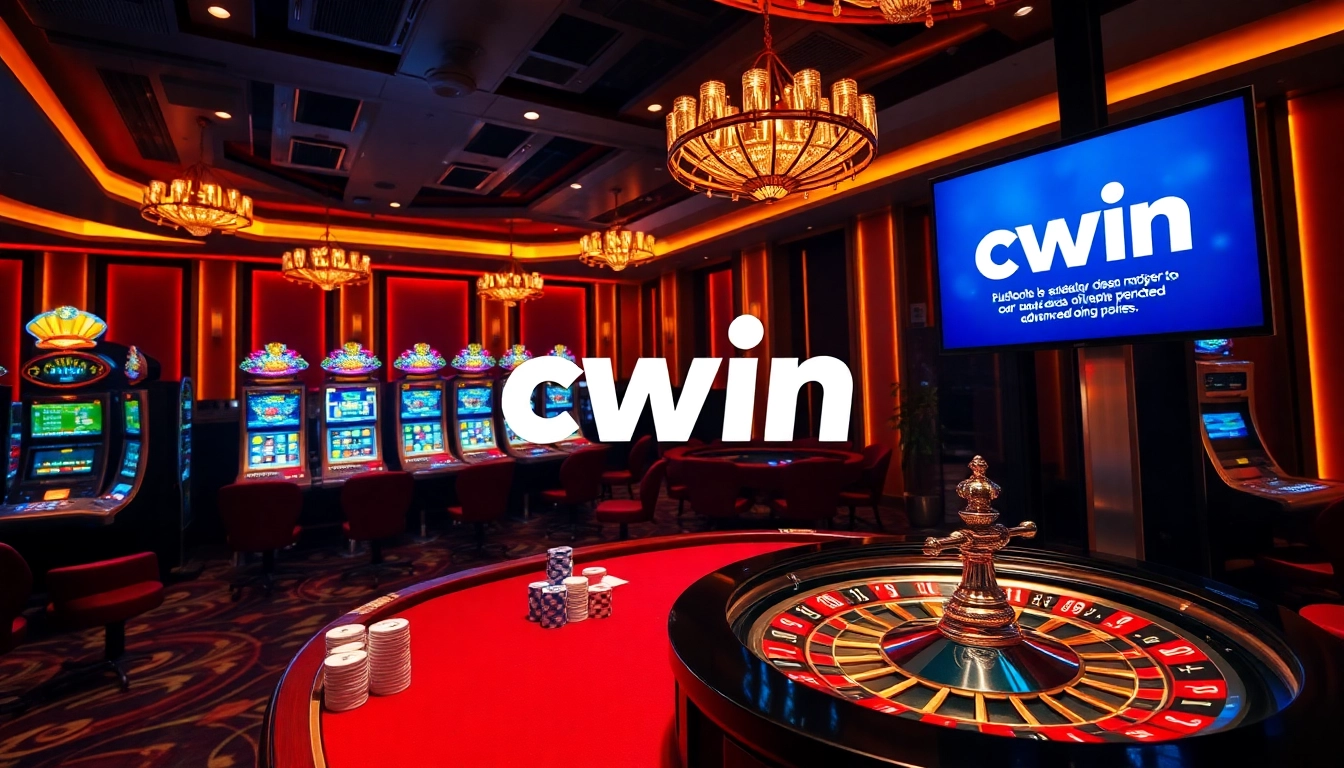 Cwin gambling table featuring poker chips and slot machines in a luxurious casino setting.