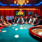 Exciting poker scene at https://fun88.social/, showcasing vibrant chips, cards, and a roulette wheel.