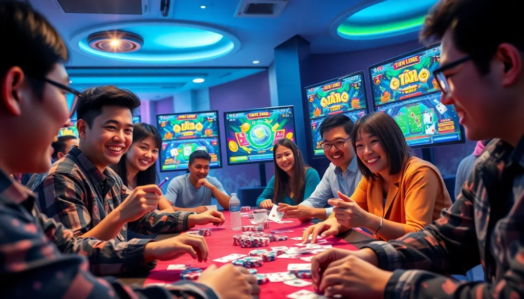 Engaging scene of diverse players enjoying online card games at gamebaidoithuong.com.vc, showcasing excitement and interaction.