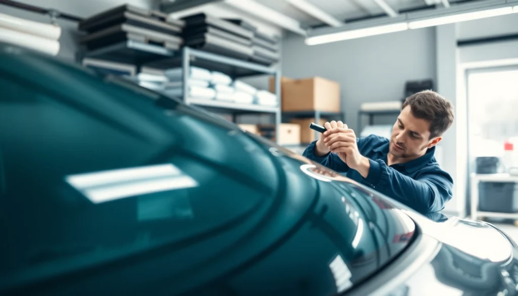 Enhance your vehicle's look with professional window tint near me application in a modern garage.