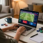 Tỷ lệ kèo nhà cái displayed on a laptop during an intense sports betting session at home