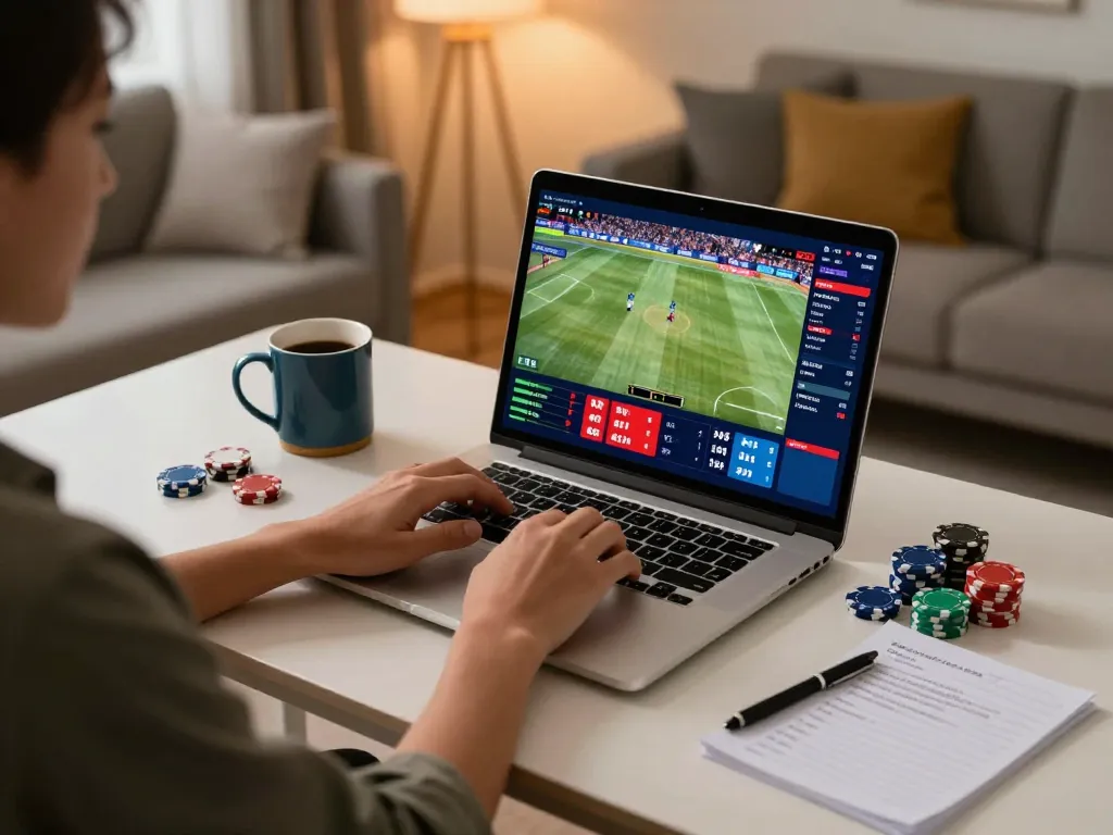 Tỷ lệ kèo nhà cái displayed on a laptop during an intense sports betting session at home