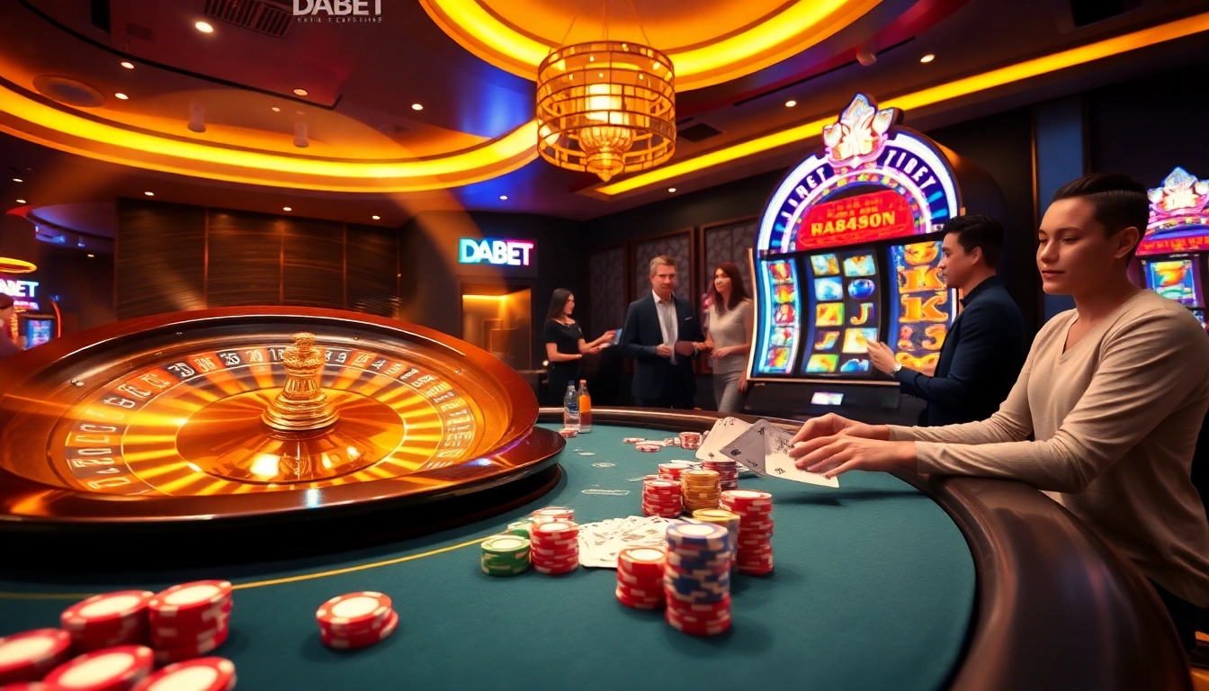 DABET players enjoying an exciting game at a vibrant casino table.