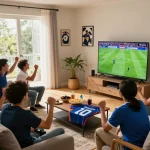 Fans enjoying a live match on Okwintv in a cozy living room setting.