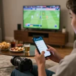 Tỷ lệ kèo nhà cái shown on a mobile app while a person engages in live sports betting.