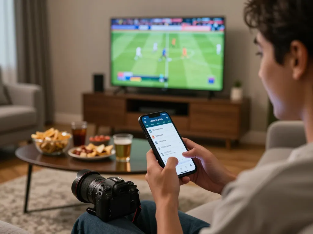 Tỷ lệ kèo nhà cái shown on a mobile app while a person engages in live sports betting.