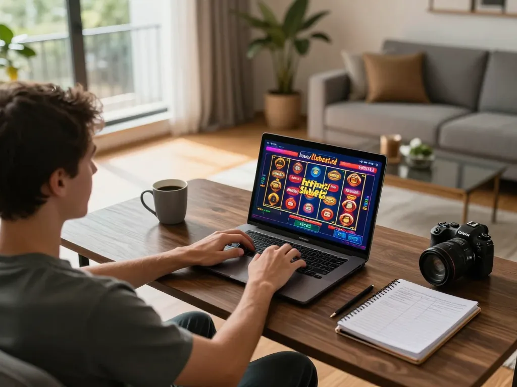 Exploring casino games online at https://shbet.id/, a user engages with vibrant slot visuals in a cozy home setting.