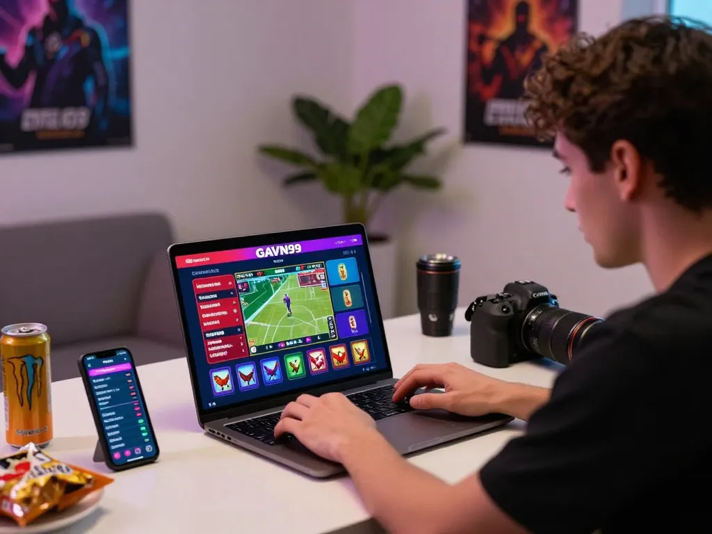 Gavn99 user placing bets in a vibrant home gaming setup, capturing excitement and engagement.