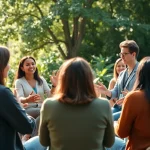 Mental wellness group therapy session in a serene natural setting, promoting healing and connection.