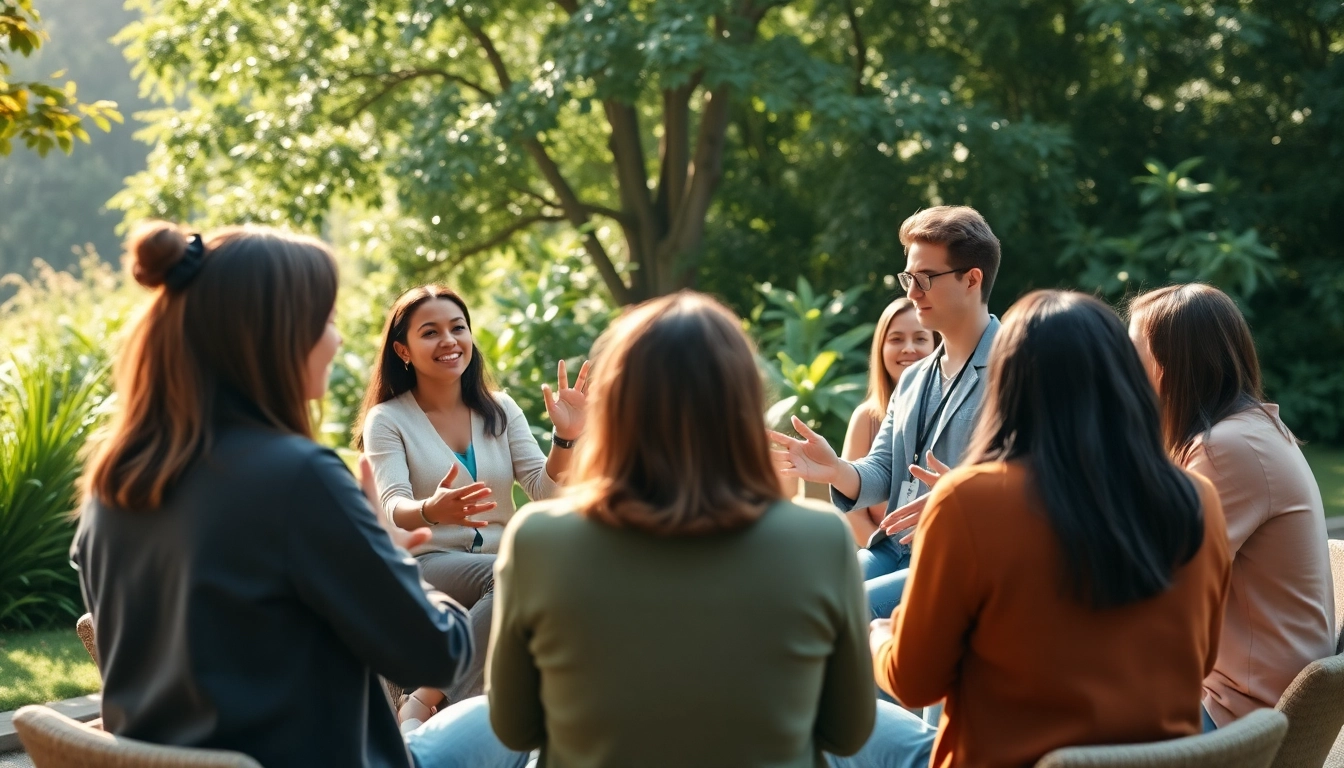 Mental wellness group therapy session in a serene natural setting, promoting healing and connection.