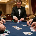Nohu players strategizing in a high-stakes poker game at a luxurious casino table with vibrant chips and cards.