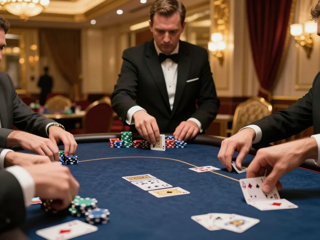 Nohu players strategizing in a high-stakes poker game at a luxurious casino table with vibrant chips and cards.