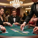 kk44 players engaging in blackjack strategy as cards are dealt at a luxurious casino table