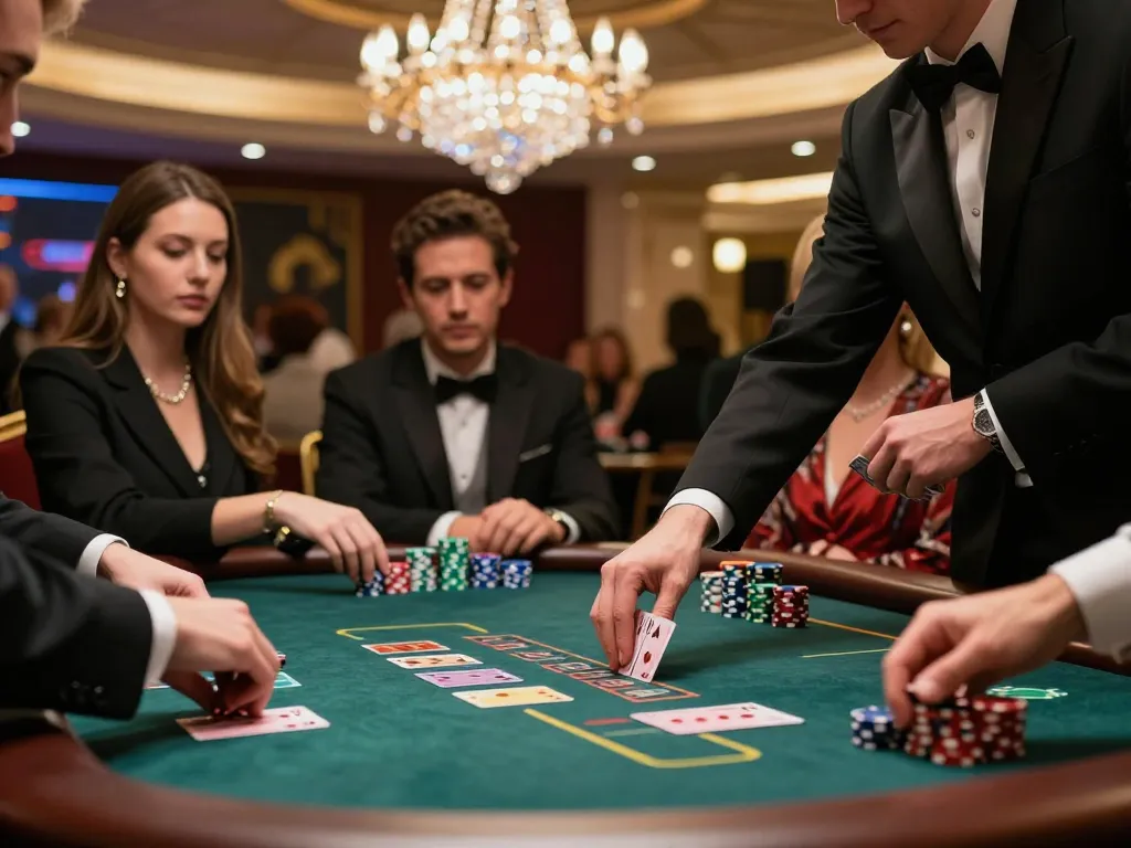 kk44 players engaging in blackjack strategy as cards are dealt at a luxurious casino table