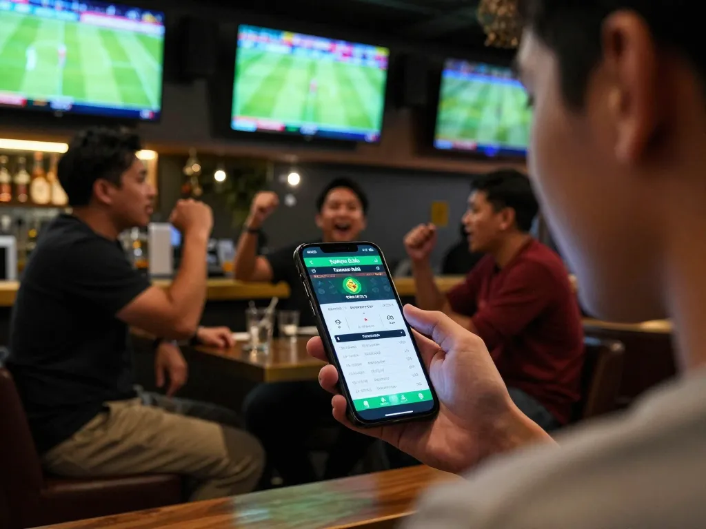 Engaging Taruhan Bola moment with a person placing bets on a smartphone in a vibrant sports bar.