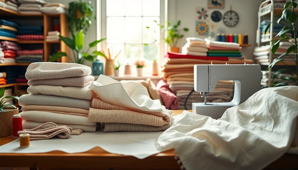 Katoen stoffen assortiment met kleurrijke stoffen en naaigereedschap op een tafel
