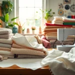 Katoen stoffen assortiment met kleurrijke stoffen en naaigereedschap op een tafel