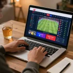 Shbet user engaging in online sports betting on a laptop, vibrant interface showcasing live odds.