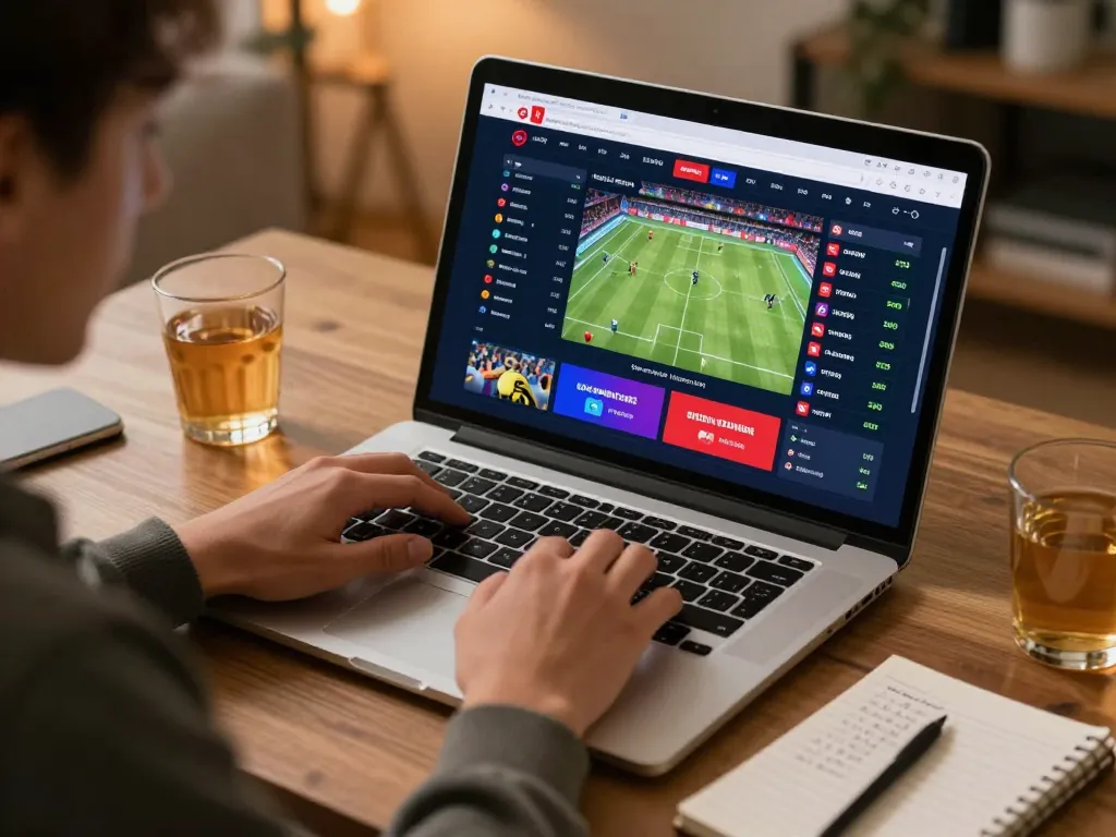 Shbet user engaging in online sports betting on a laptop, vibrant interface showcasing live odds.