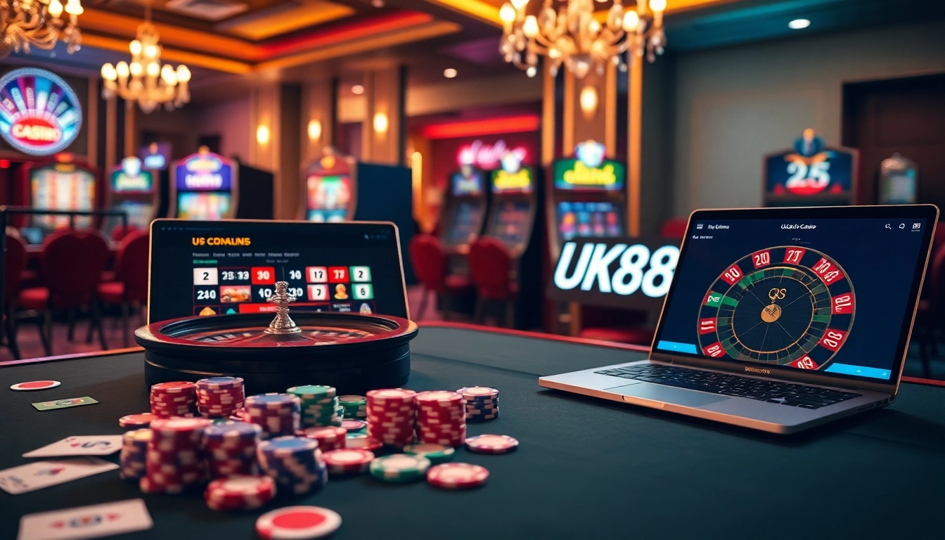 UK88 players engaging with vibrant casino games and online betting interfaces.