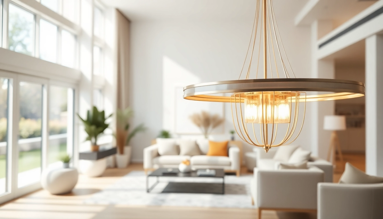 Shop ModernLighting with a sleek chandelier in a sophisticated living room setting.