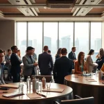 Engaging in construction networking events with professionals, showcasing collaboration and energy.