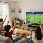 Fans enjoying a thrilling live football match on Okwintv in their cozy living room.
