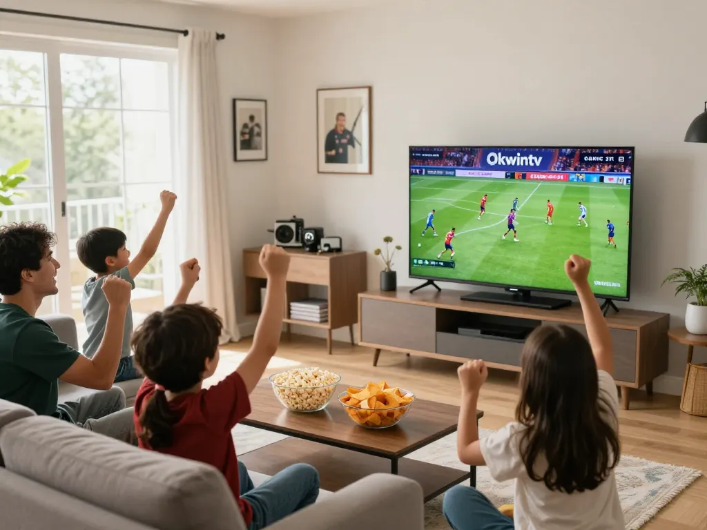 Fans enjoying a thrilling live football match on Okwintv in their cozy living room.