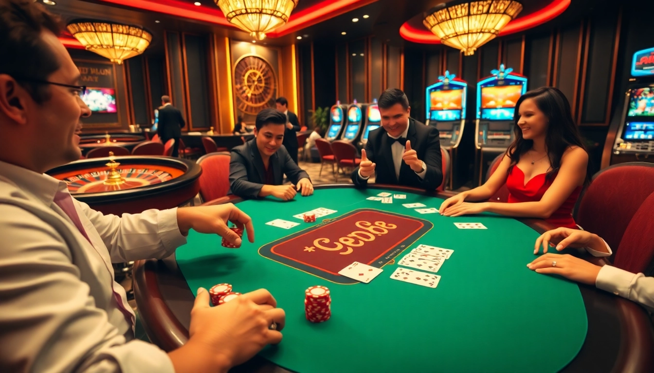 Players enjoying a thrilling poker game at the RED88 casino table, radiating excitement.