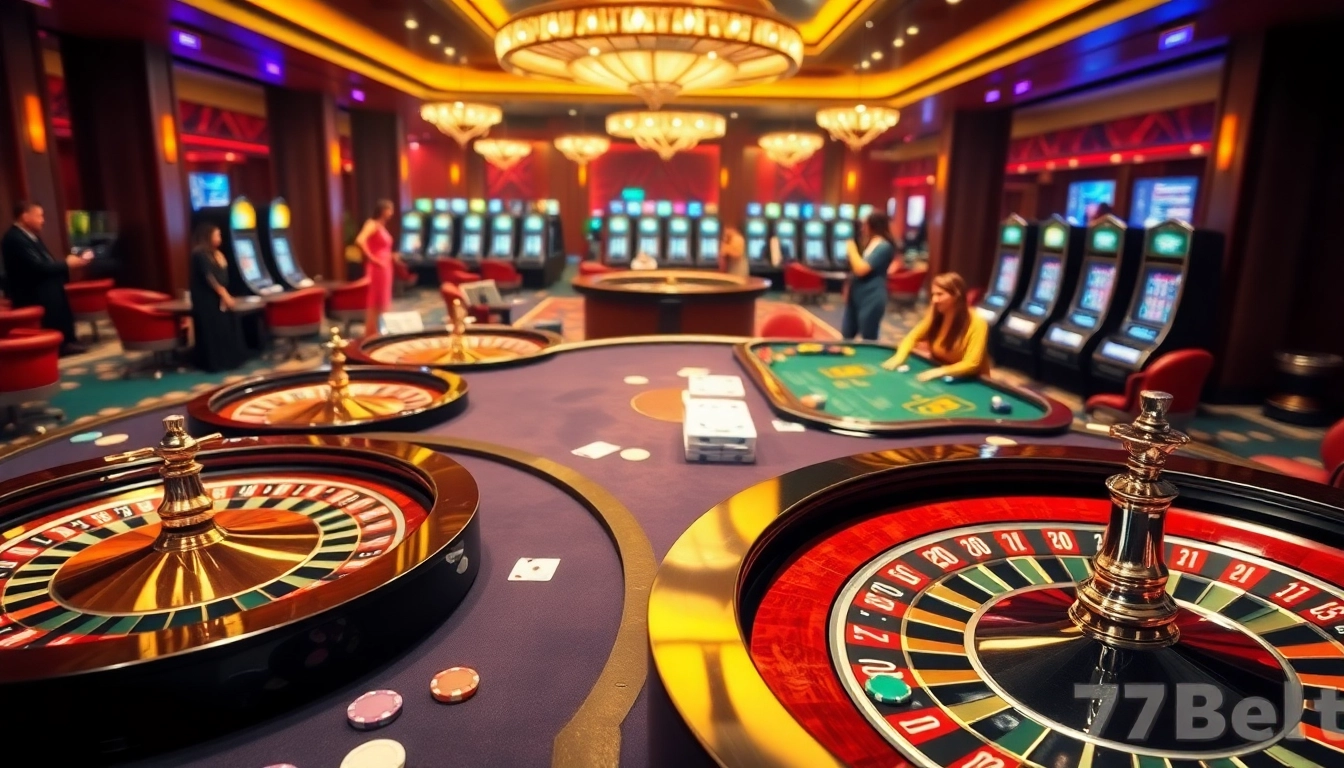 Players enjoying a thrilling game at 77Bet casino with vibrant tables and slot machines.