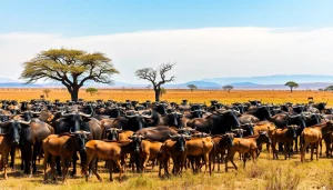 Observe the vibrant Wildebeest Calving season safari with mothers and calves in a stunning Serengeti landscape.