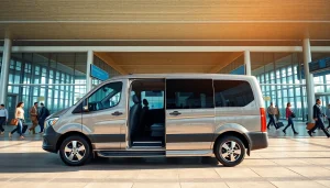 Efficient Airport Transfers showcased by a modern vehicle at the airport terminal.