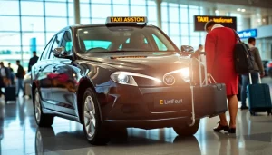 Taxi service at Luton airport helping travelers with their luggage in a busy terminal.