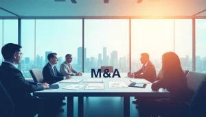 M&A 협상 중인 비즈니스 전문가들, 현대 사무실 배경 속 논의하는 모습