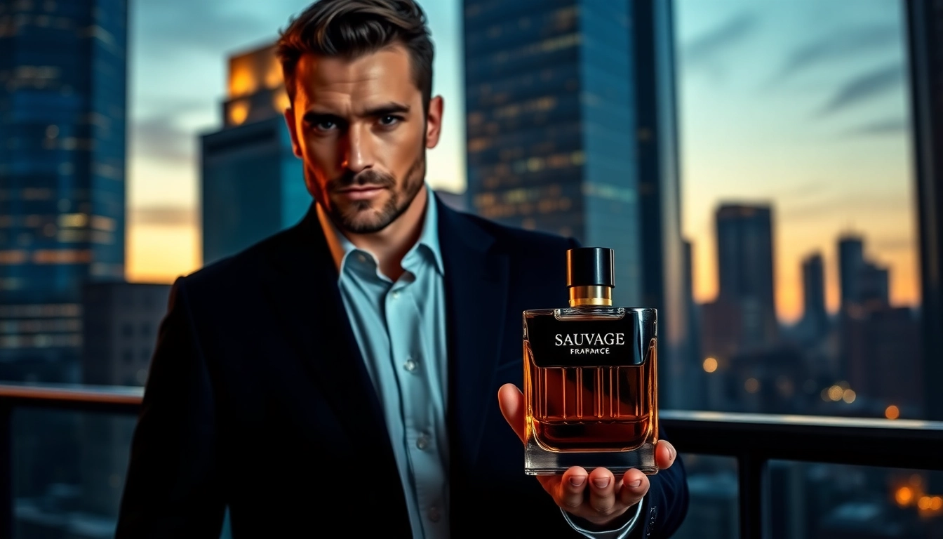 Sauvage fragrance displayed stylishly by a male model in an urban environment. related image