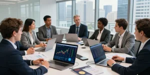 Investors discussing strategies to buy BRICS coins in a modern conference room environment.