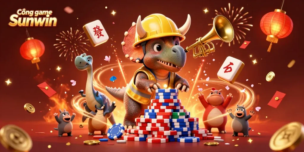 Cổng game Sunwin showcases a playful casino scene celebrating with vibrant 3D characters and festive elements.